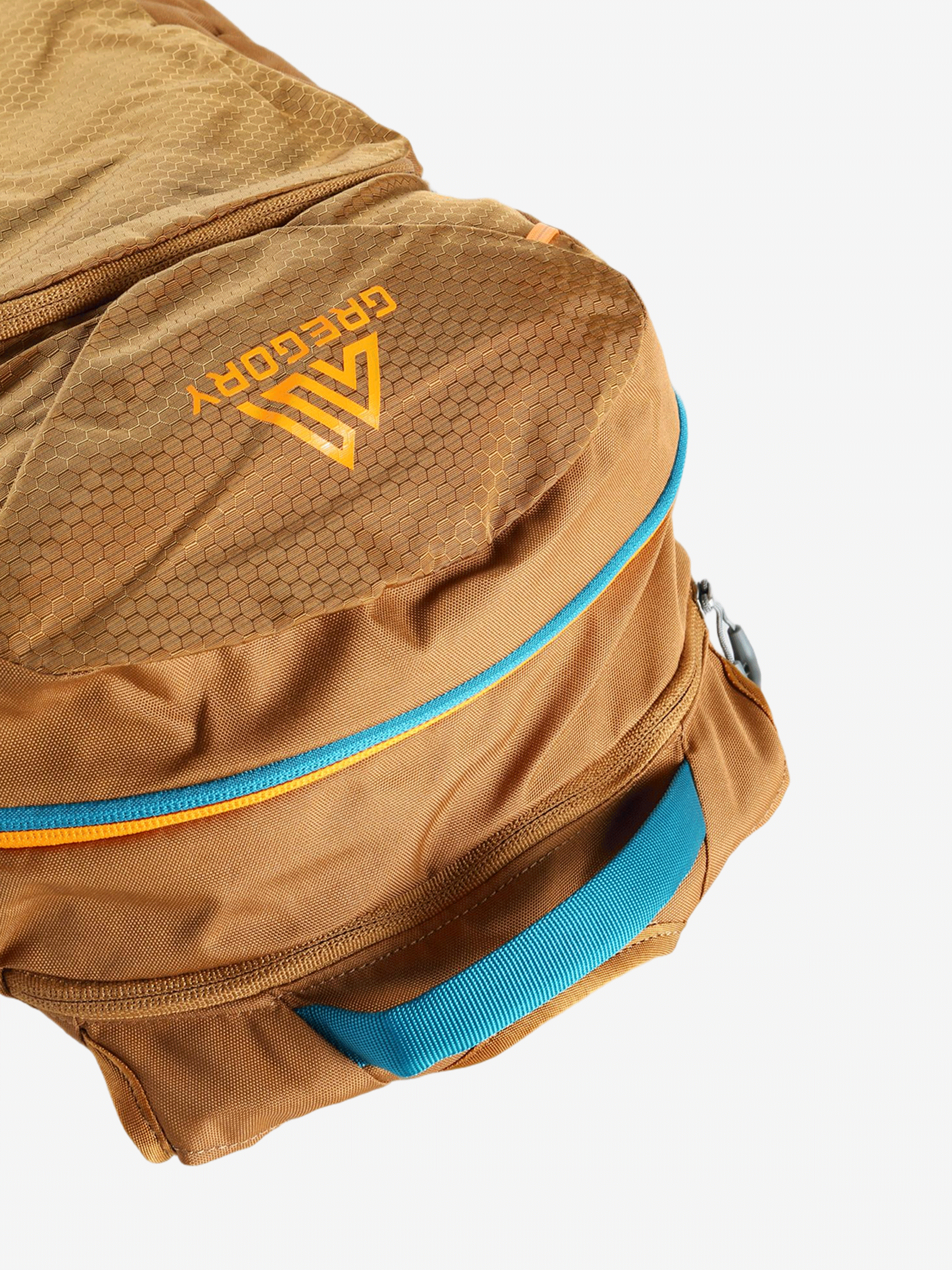 Close up of brown bag, showing texture of the recycled polyester fabric