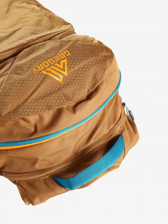 Close up of brown bag, showing texture of the recycled polyester fabric