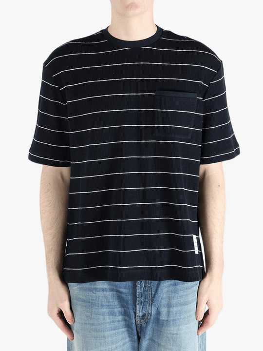 Navy t-shirt worn by a person, showing the t-shirt fit