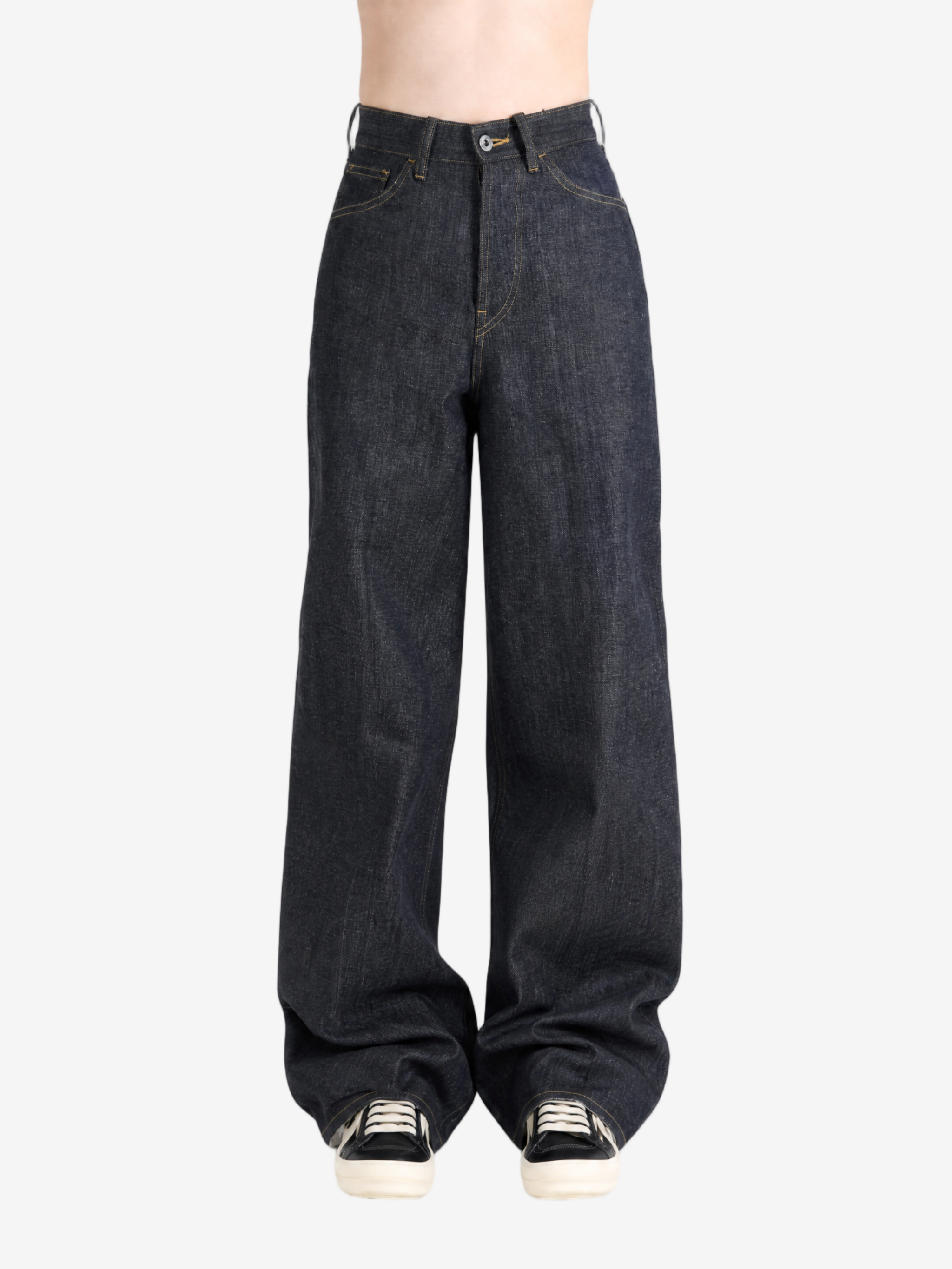 Navy pants, full body view