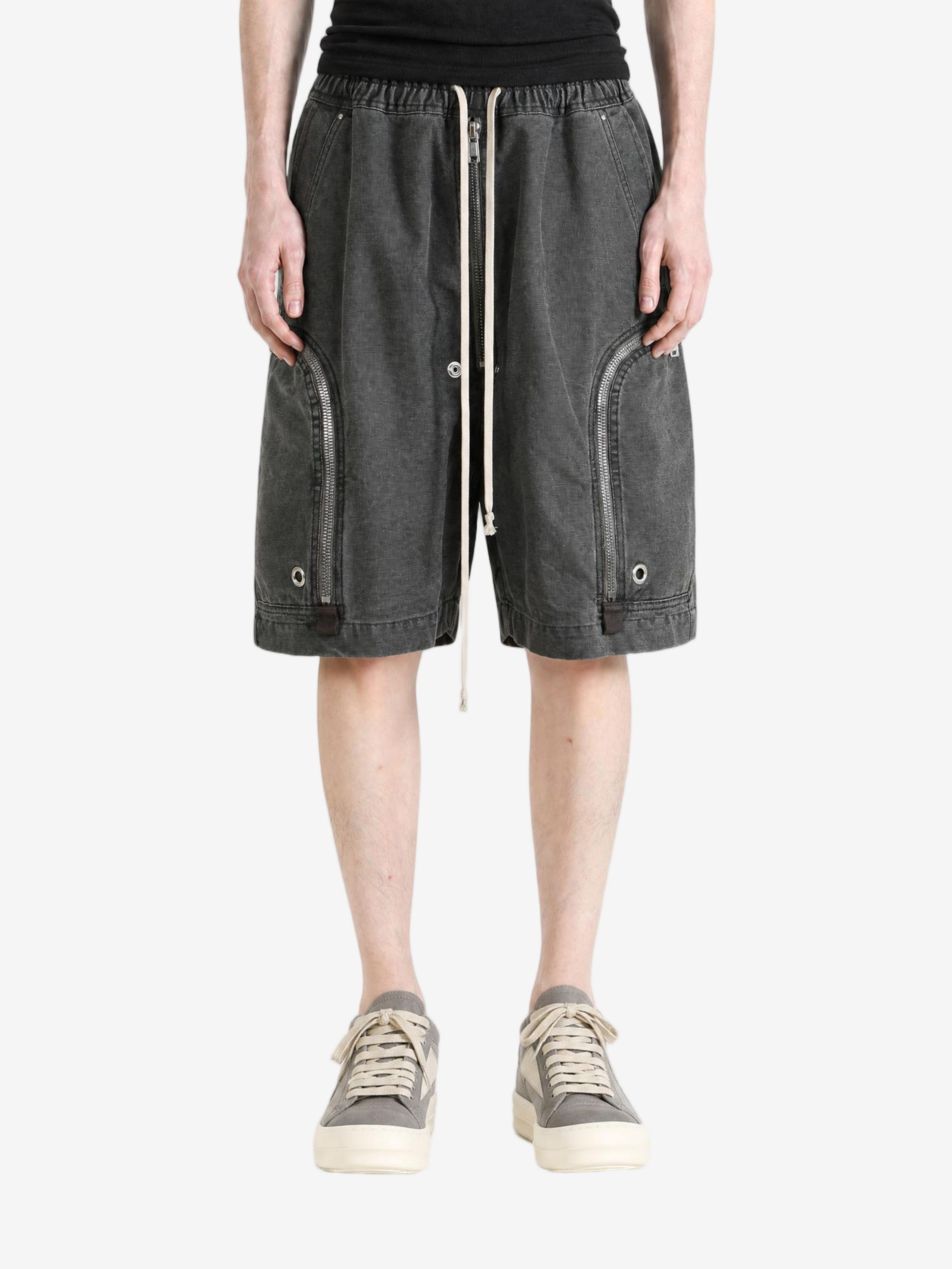 Grey shorts, full body view