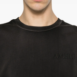 Close up of black t-shirt, showing texture of the cotton fabric