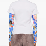 white t-shirt worn by a person, showing the t-shirt fit