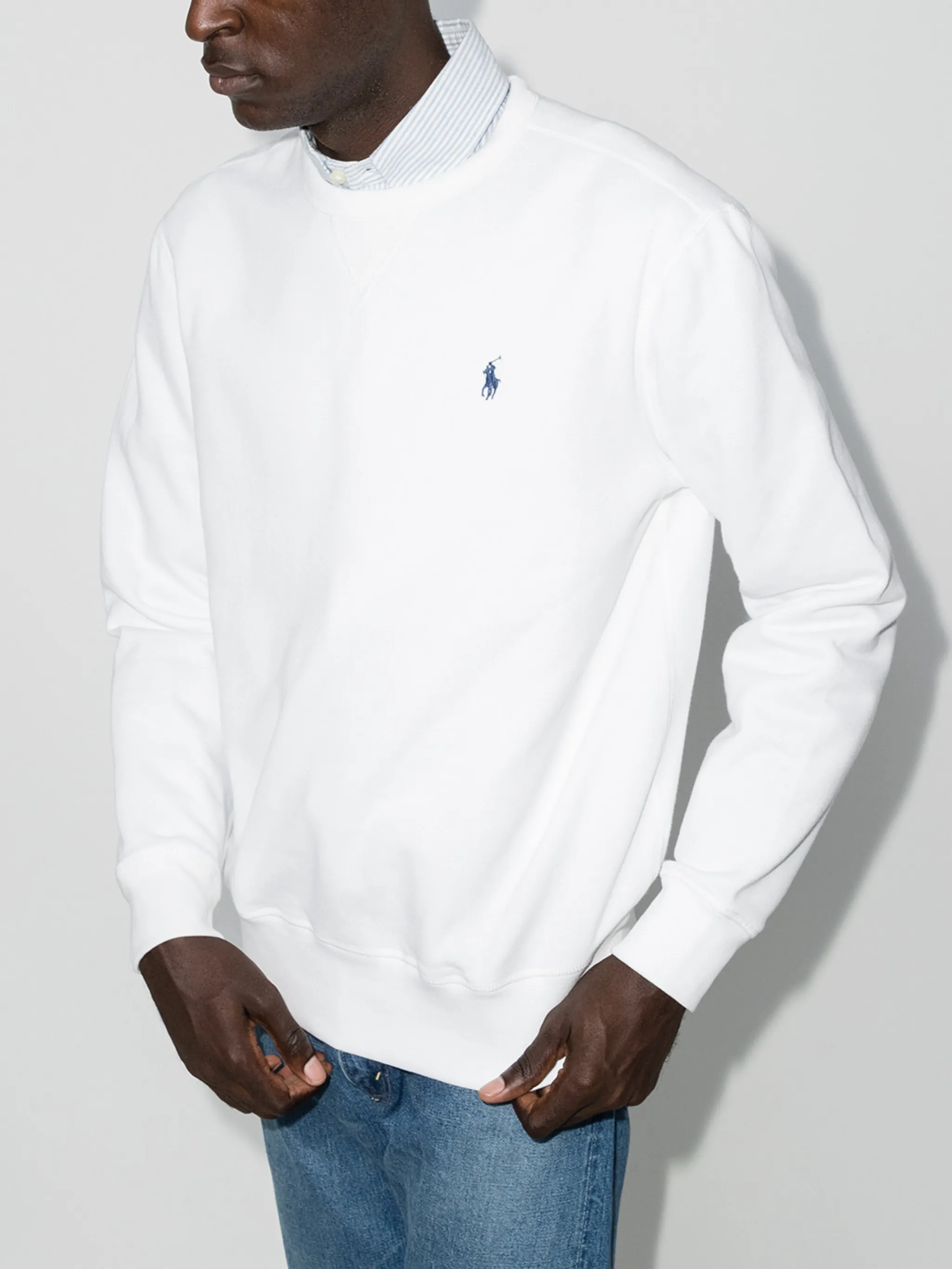White sweatshirt worn by a person, showing the sweatshirt fit