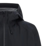Close up of the black jacket, showing texture of the polyester fabric