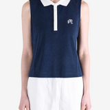 Navy top worn by a person, showing the top fit