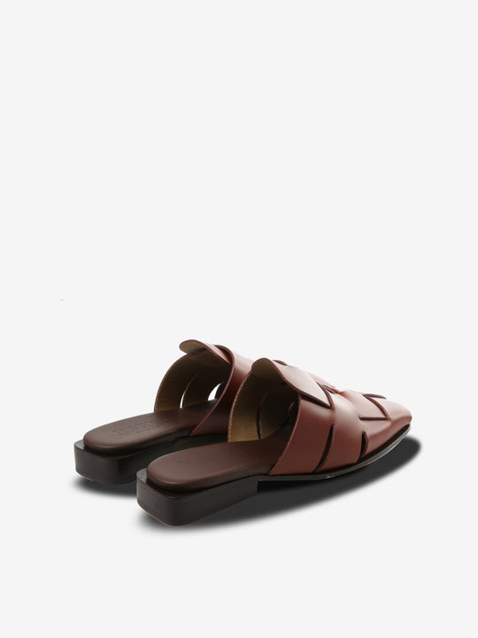 Tan mules, back view