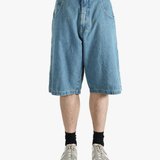 Blue short worn by a person, showing the fit