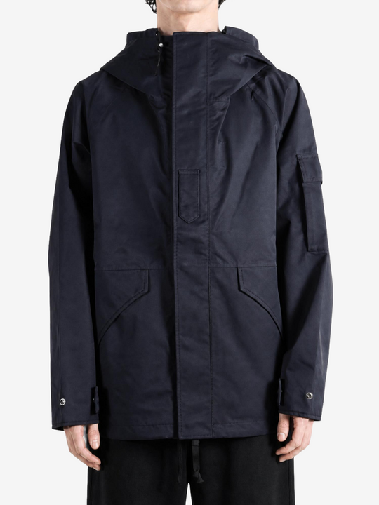 Navy jacket, full body view
