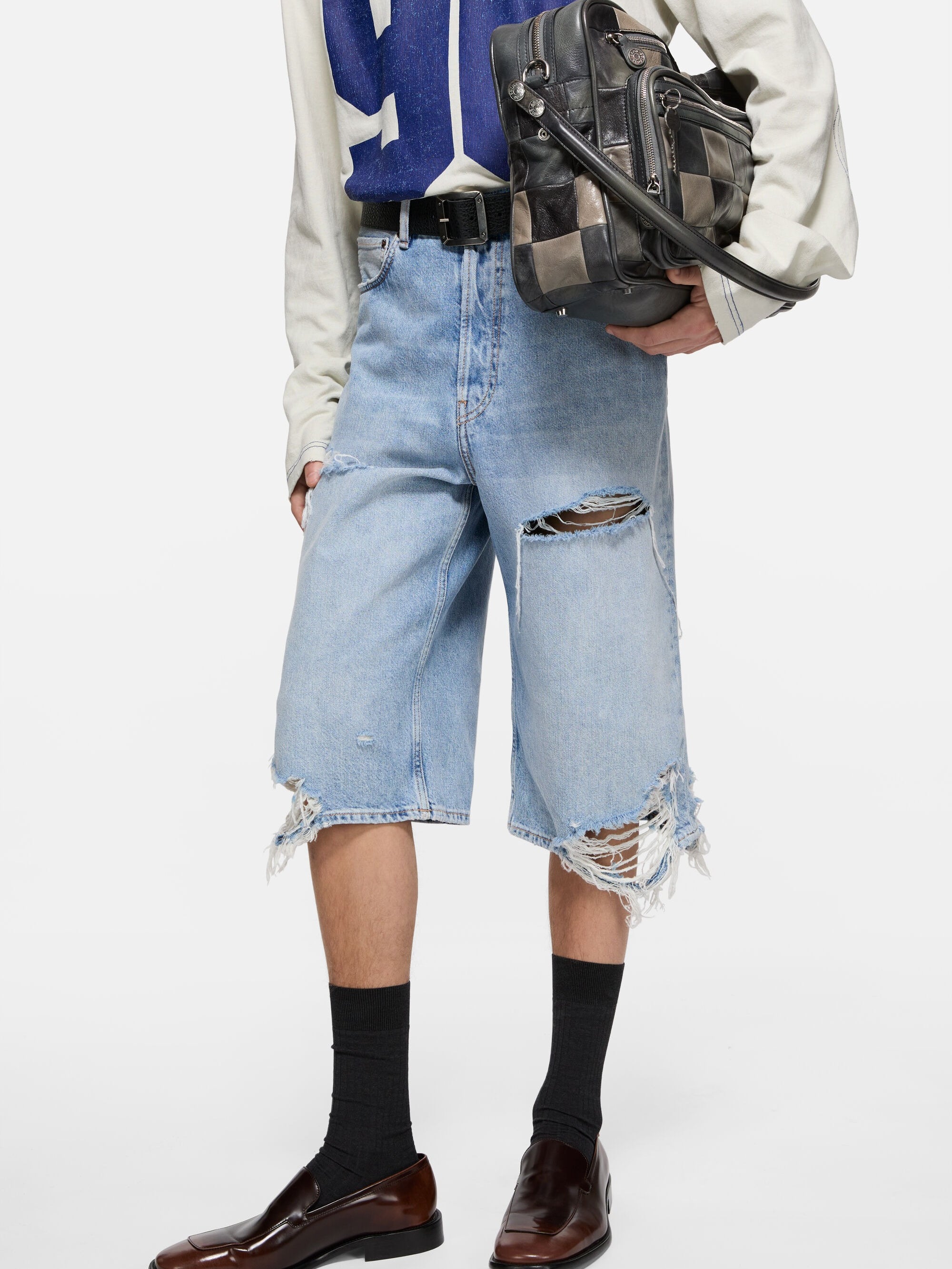 Blue shorts, full body view
