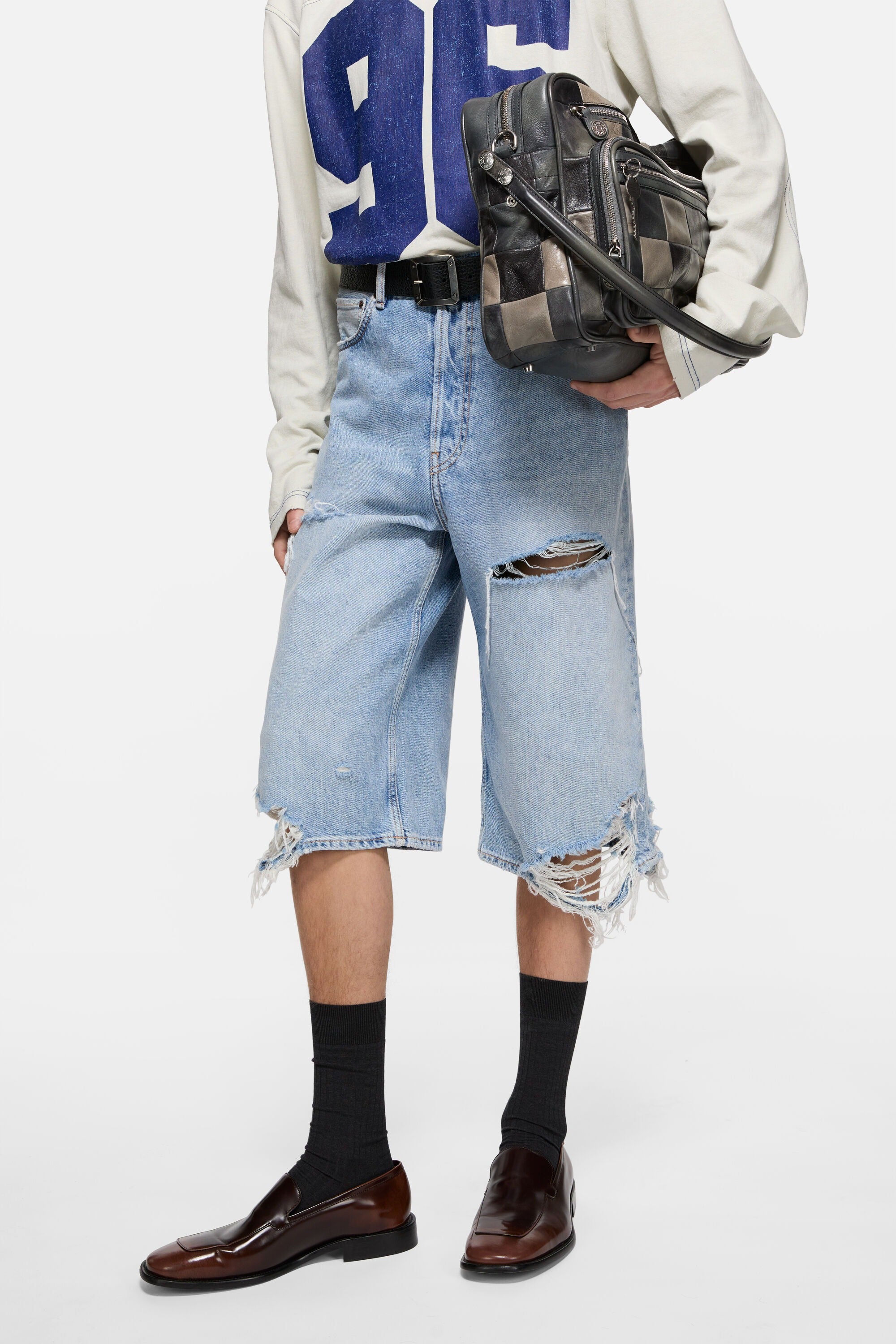 Blue shorts, full body view