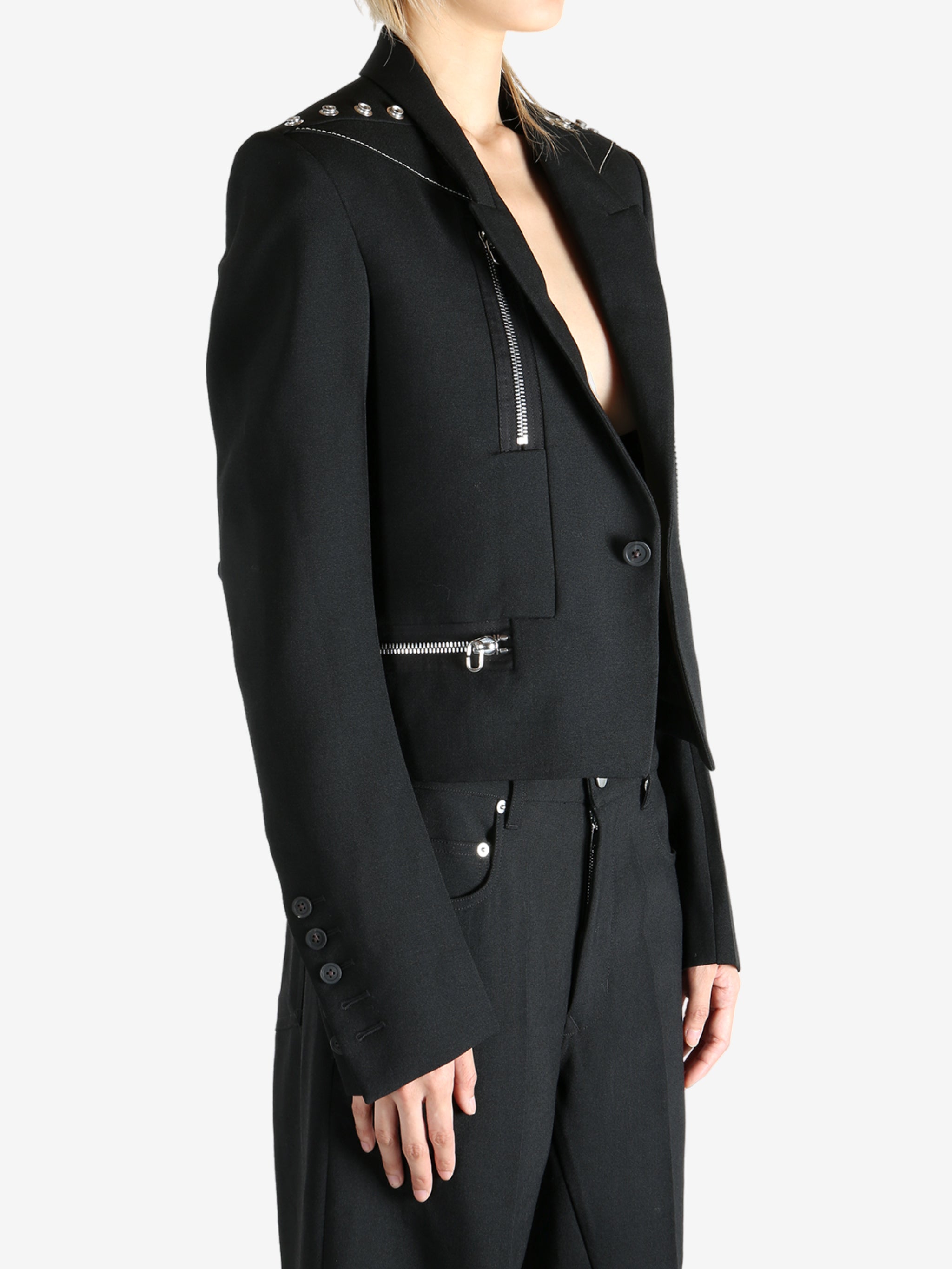 Black jacket worn by a person, showing the  jacket fit