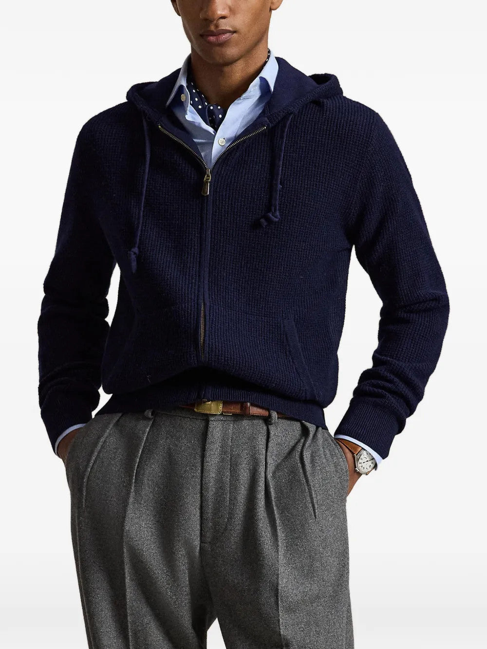 Navy knitwear, full body view
