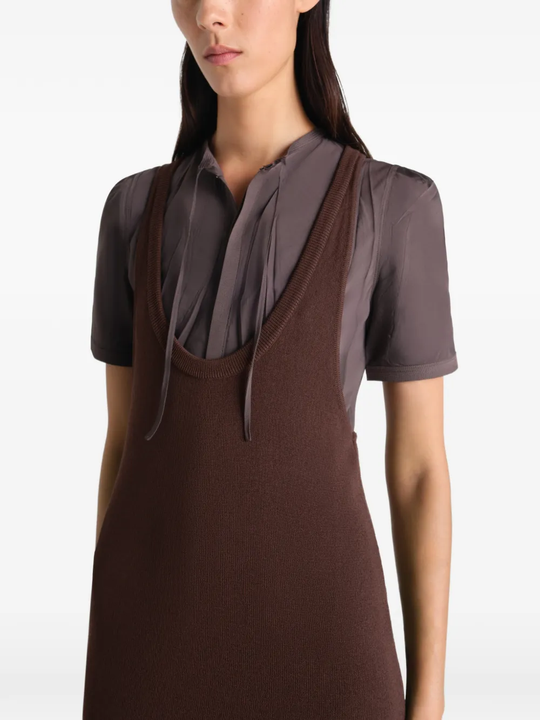 Close up of brown dresses, showing texture of the viscose fabric