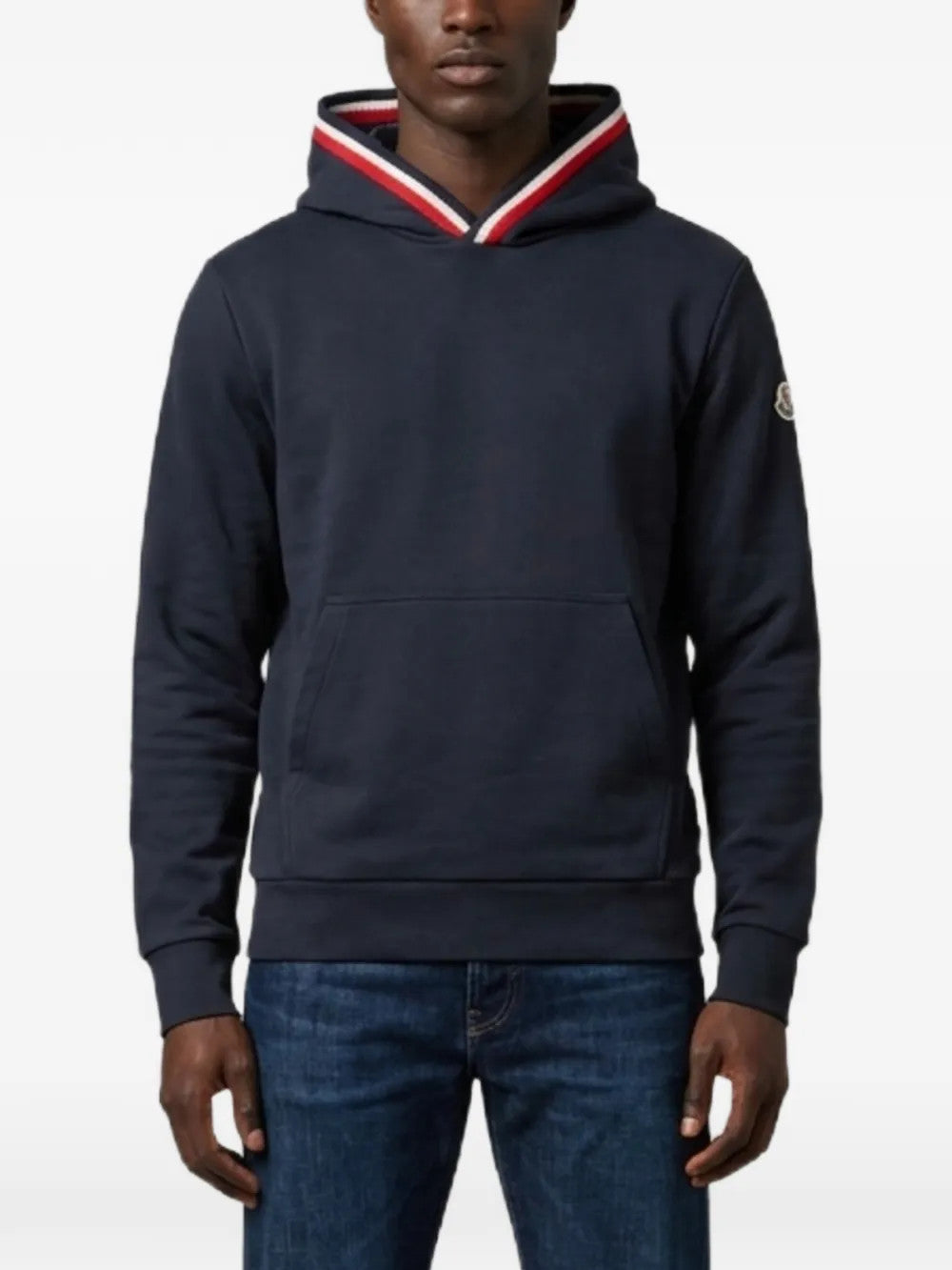 Navy hoodie, full body view