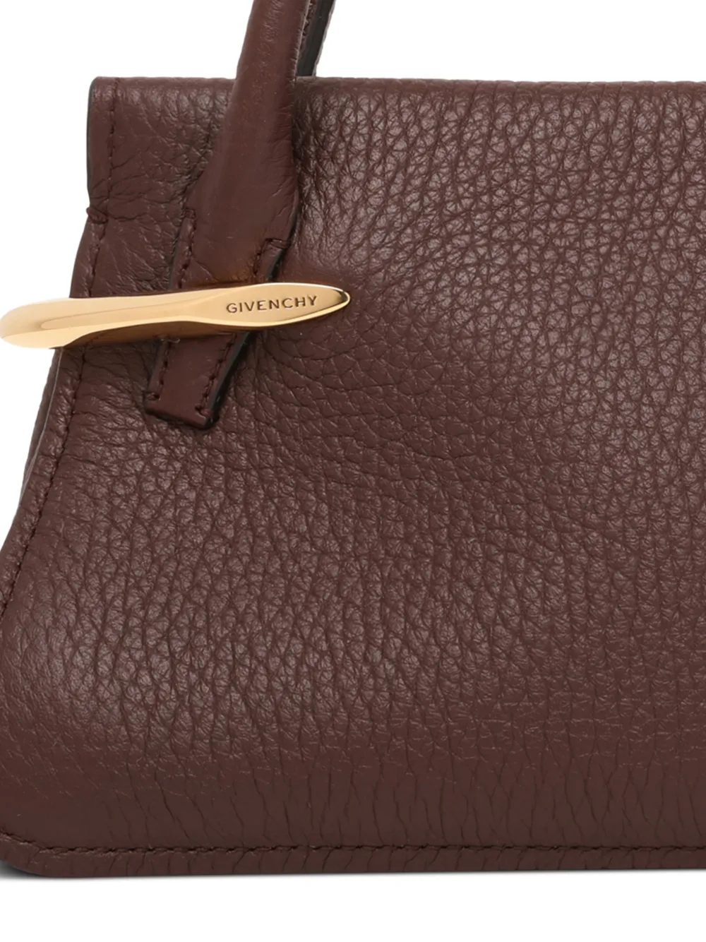 Brown leather handbag with Givenchy logo on a white background
