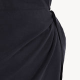 Close up of Navy dress, showing texture of the 52% linen/ 48% silk fabric