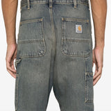 Close up of the blue jeans, showing texture of the cotton fabric