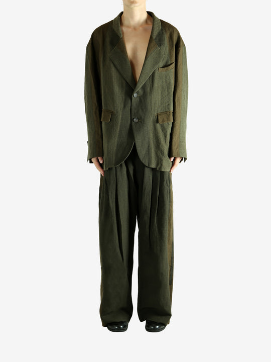 Green pants, full body view