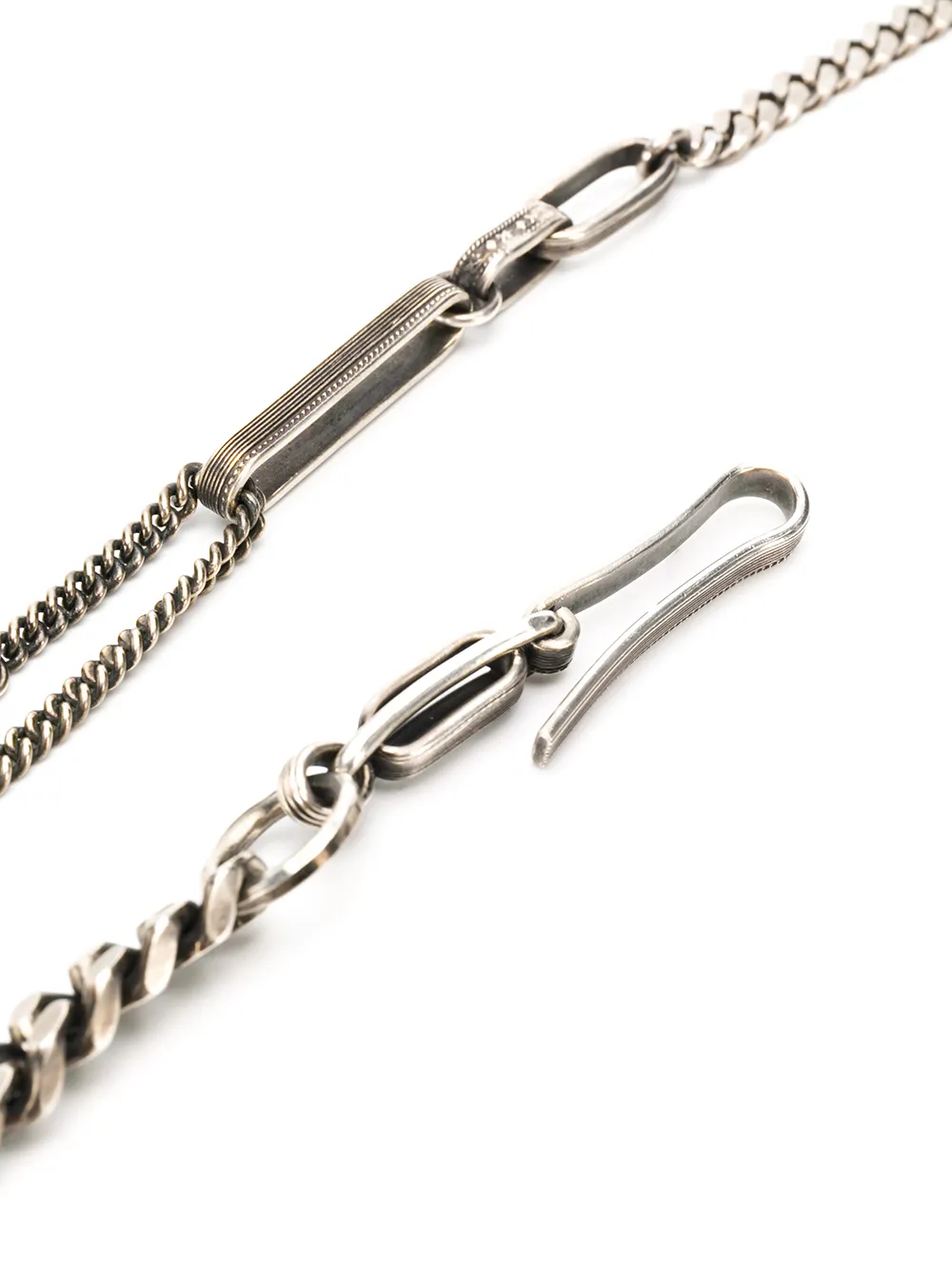 Close up of silver necklace