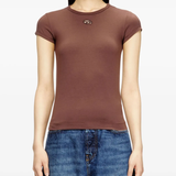 brown top worn by a person, showing the top fit