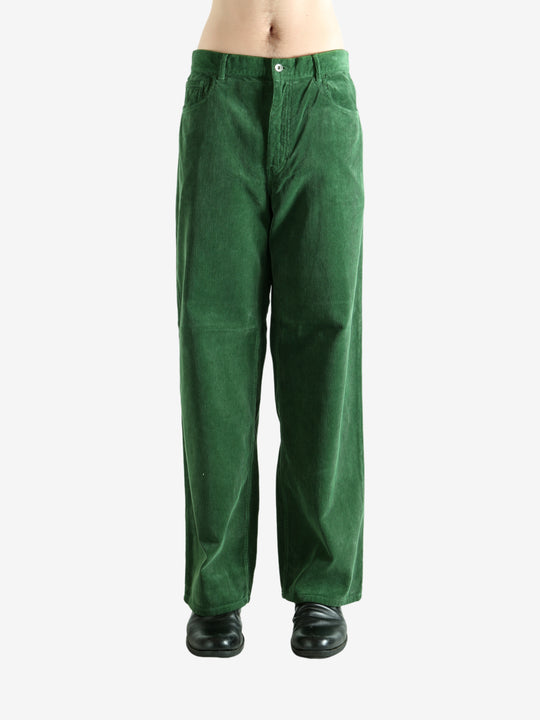 Green pants worn by a person, showing the pants's fit
