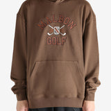 Brown hoodie worn by a person, showing the hoodie's fit