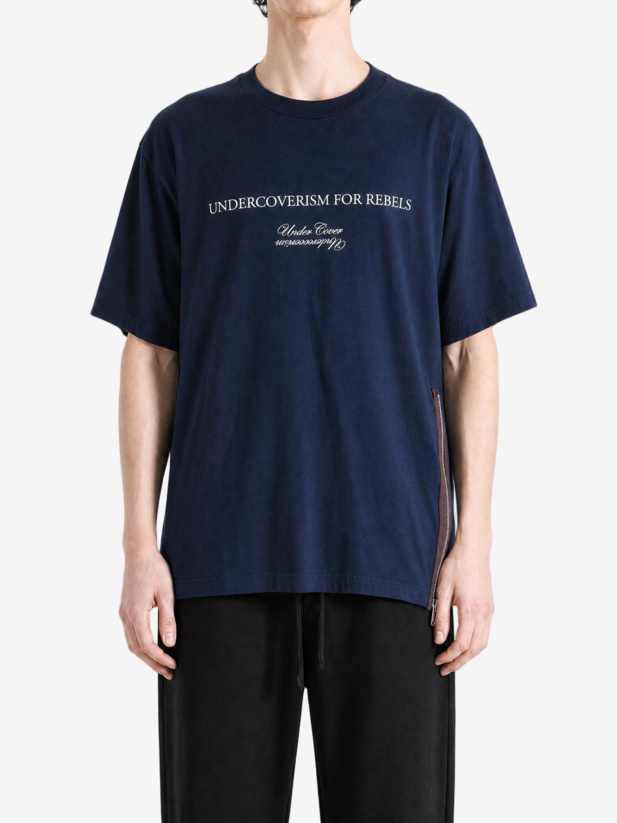 Navy t-shirt, full body view