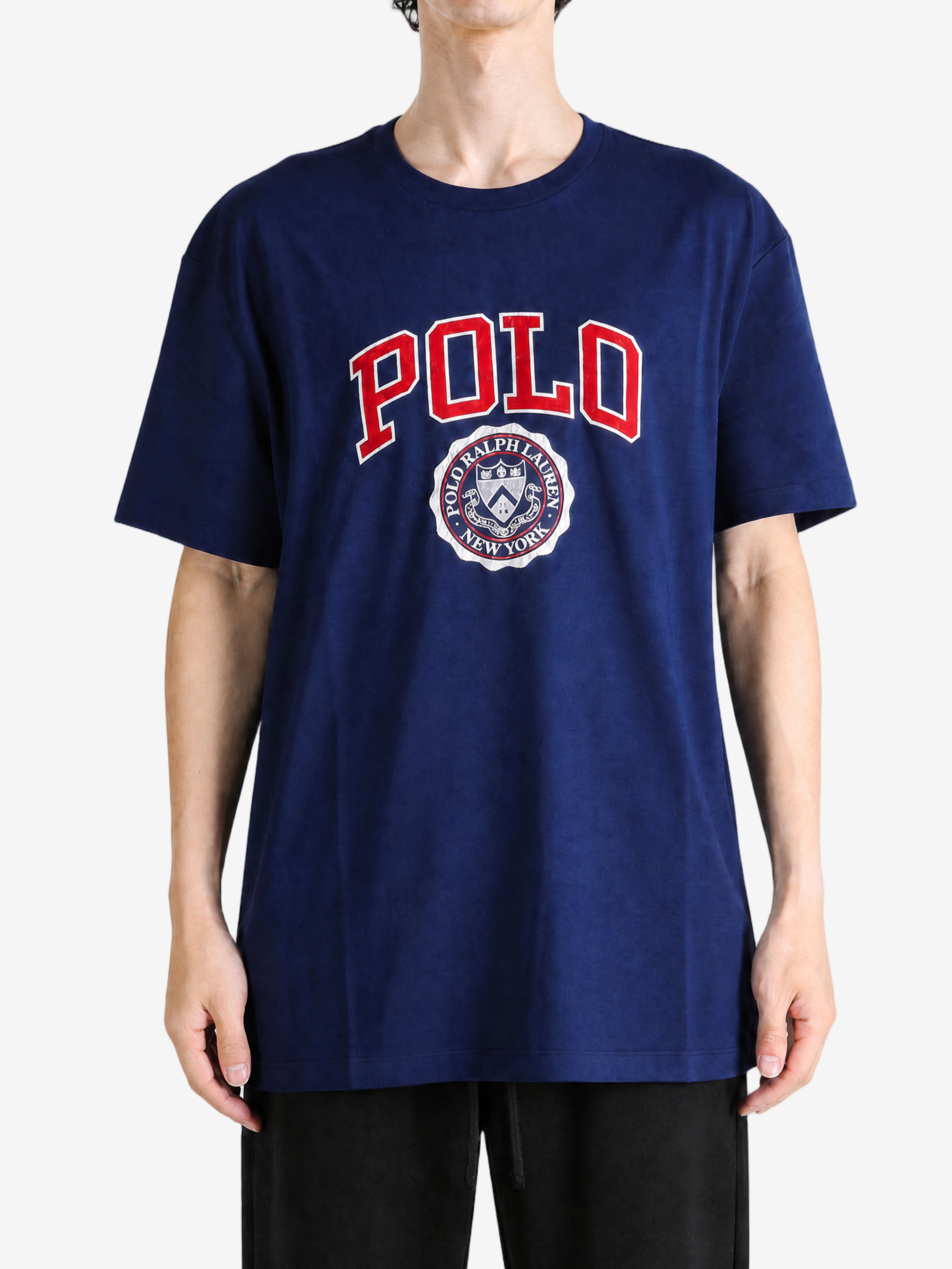 Navy t-shirt, full body view