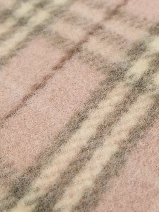 Close up of Pink scarf, showing texture of the 79% wool/ 21% polyamide fabric