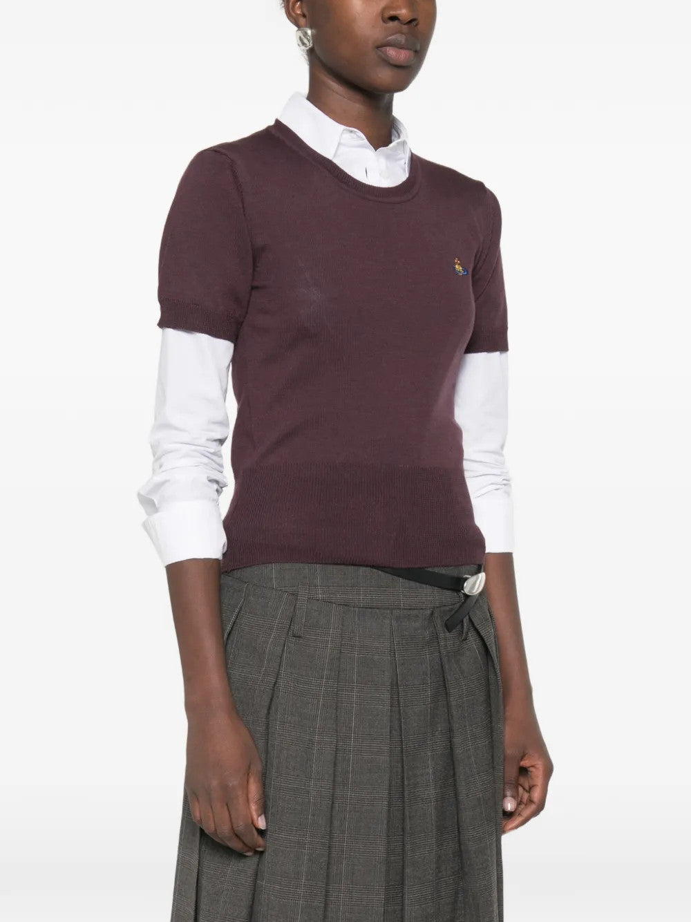 Burgundy top, full body view