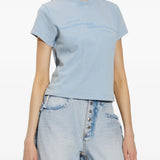 Blue top, full body view