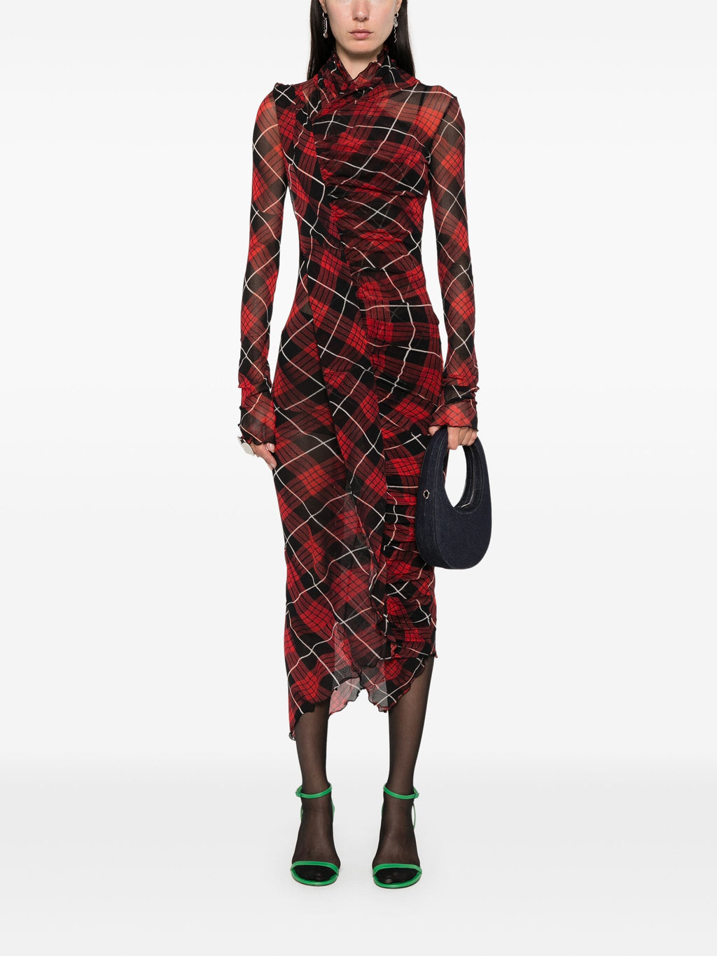 JEAN PAUL GAULTIER - Women Printed "Distorted Tartan" Mesh Draped Long Dress