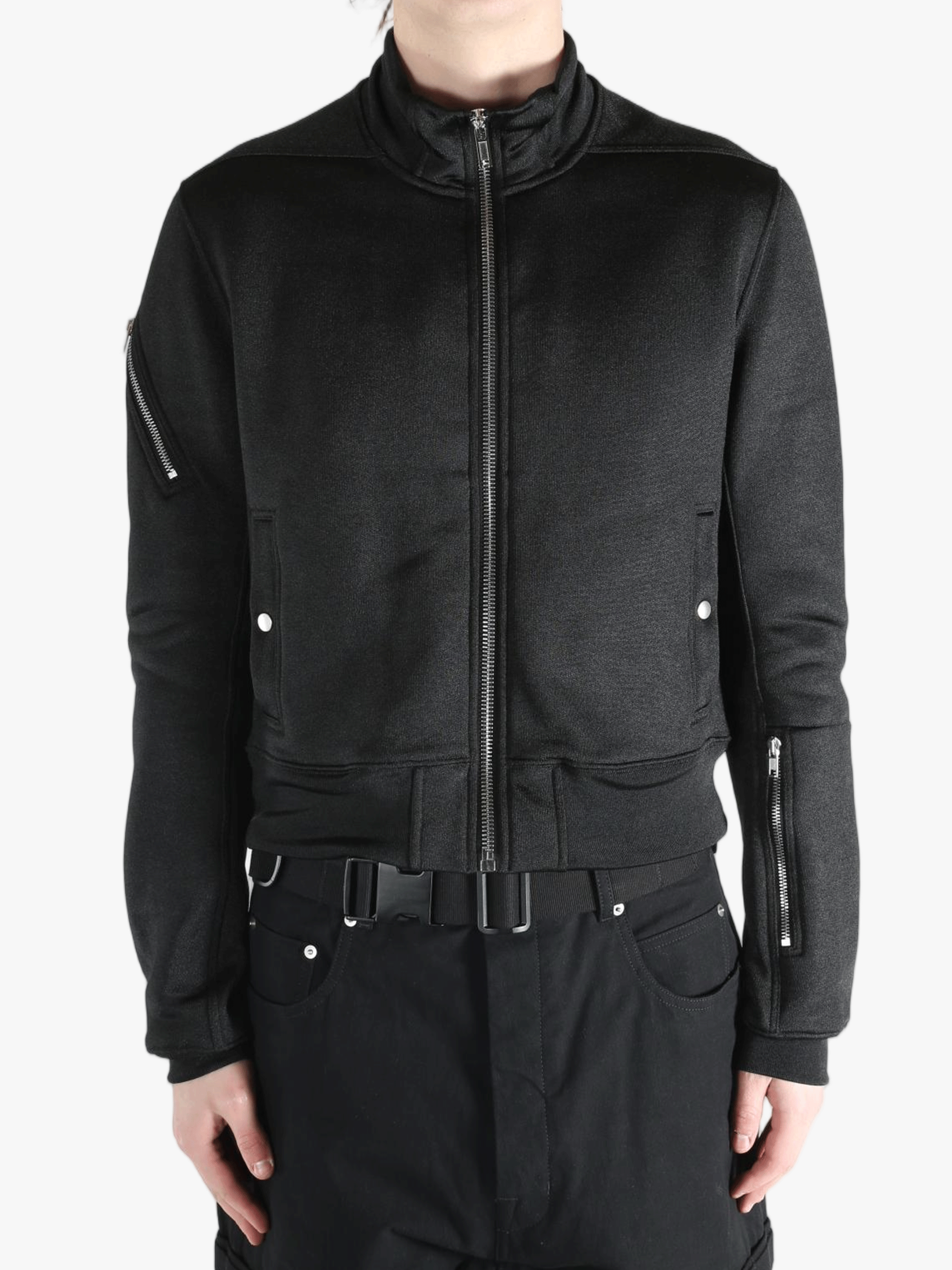 Black jackets worn by a person, showing the jackets fit