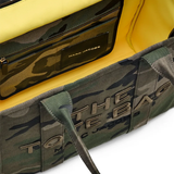 Close up of the green bag, showing texture of the cotton fabric