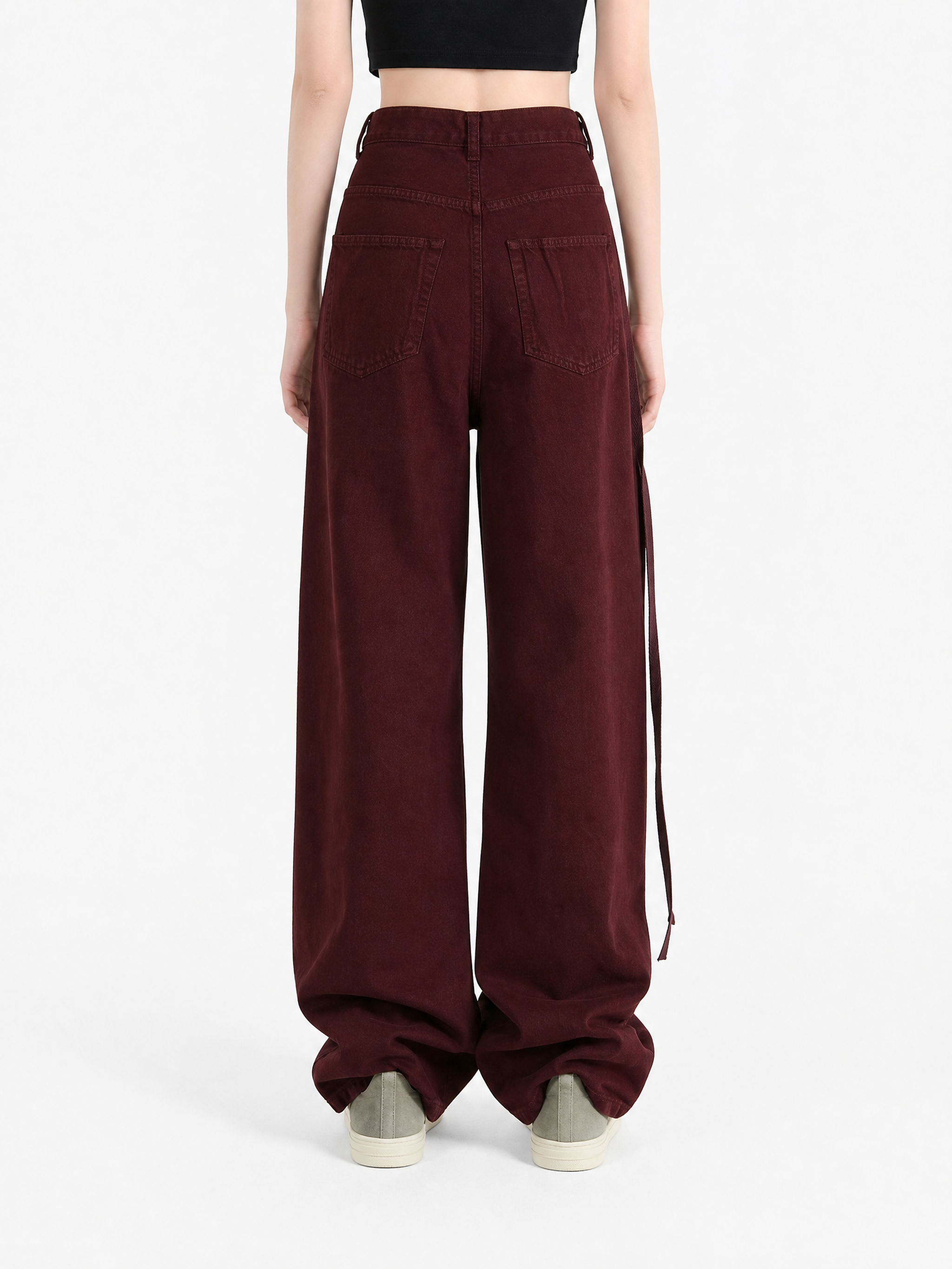Burgundy pants, full body view