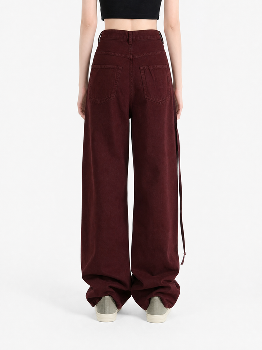 Burgundy pants, full body view