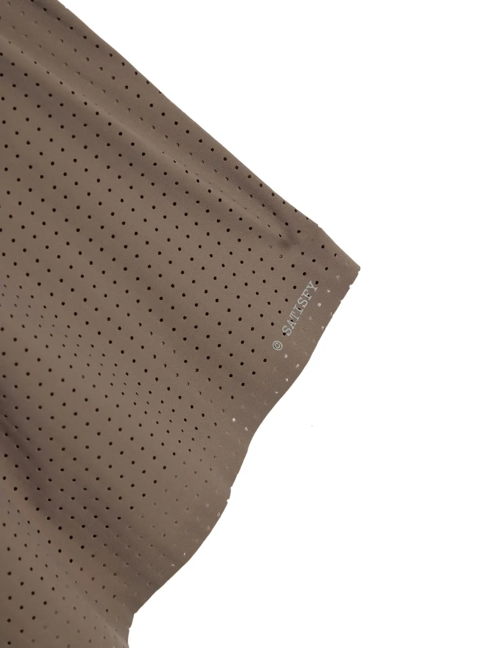 Close up of Brown shorts, showing texture of the 73% polyamide/ 27% elastane fabric