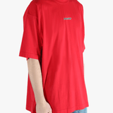Red t-shirt worn by a person, showing the t-shirt fit