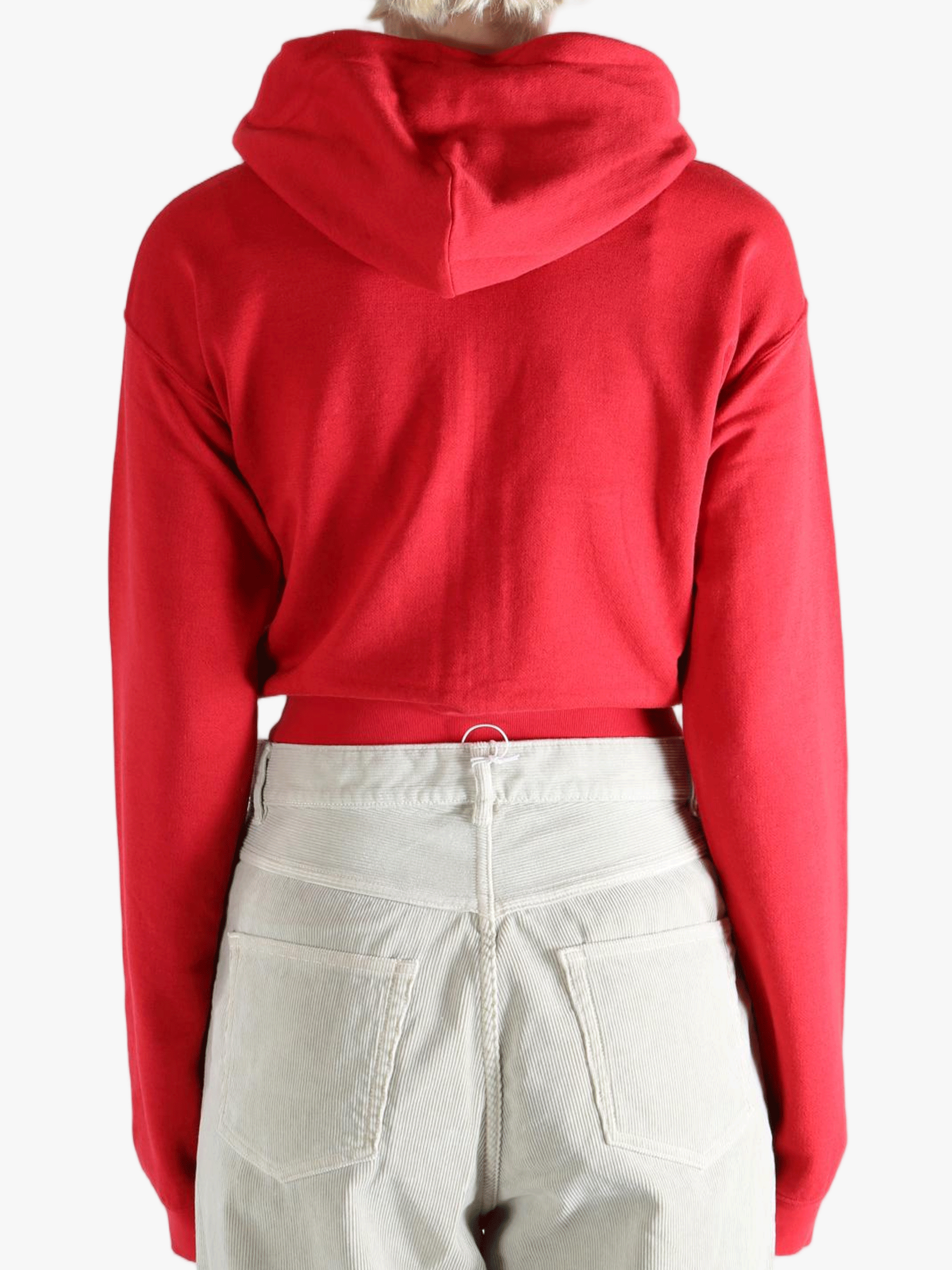 Red hoodie worn by a person, showing the hoodie's fit