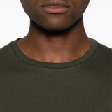 Close up of green t-shirt, showing texture of the cotton fabric