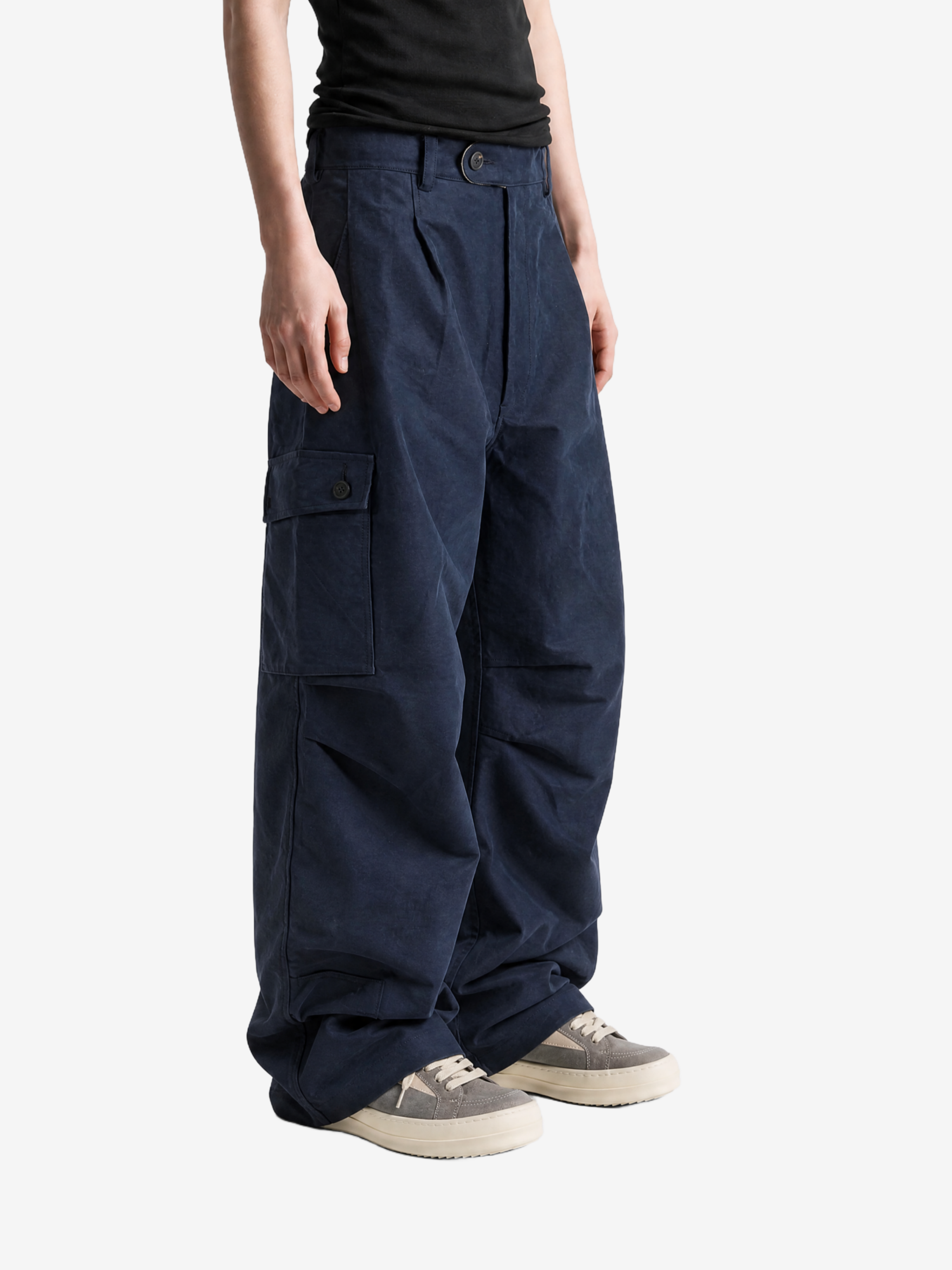 Navy pants, full body view
