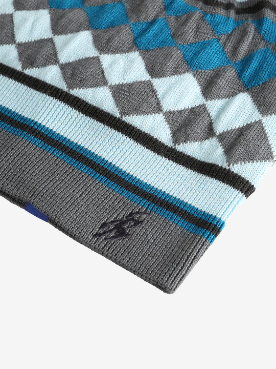 Close up of blue hat, showing texture of the wool blend fabric