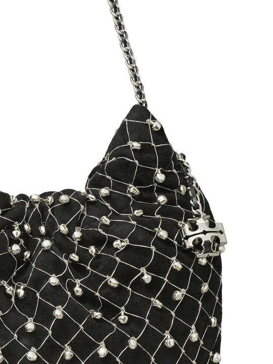 Close up of black bag, showing texture of the suede fabric