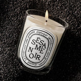 Close up of sesame noir candles, showing texture of the fabric