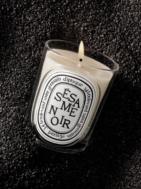 Close up of sesame noir candles, showing texture of the fabric