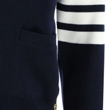 Close up of Navy knitwear, showing texture of the 100% cotton fabric