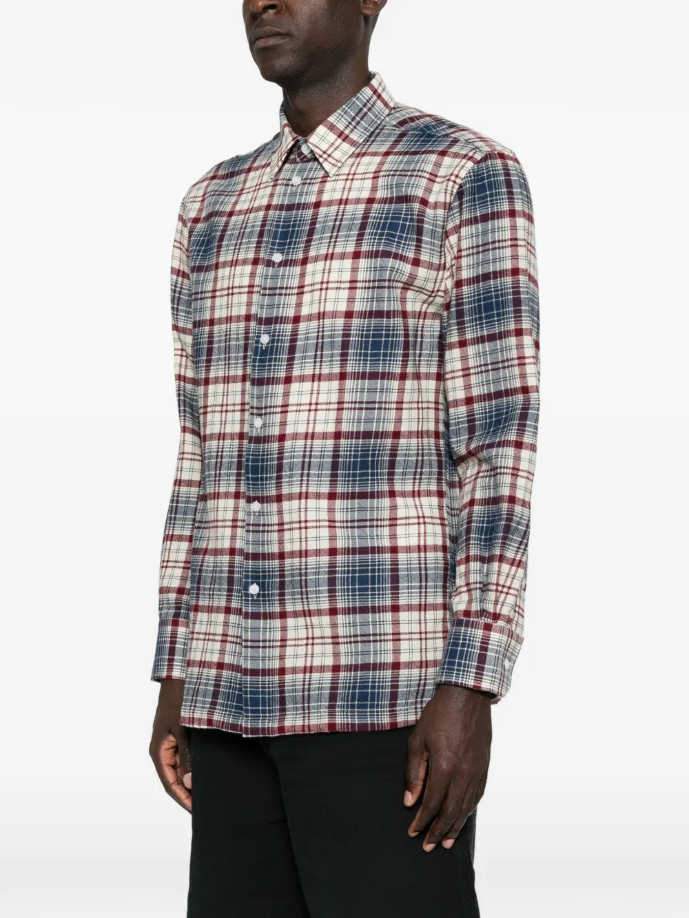 Blue shirt worn by a person, showing the shirt fit