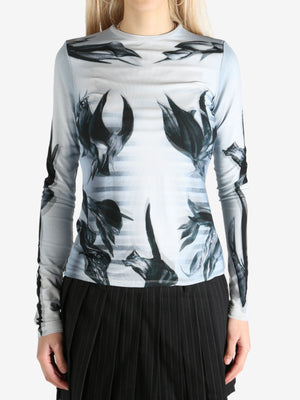 JEAN PAUL GAULTIER - Women Printed "Flower Body Morphing Mariniere" Mesh Long Sleeves Top