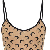 Close up of the tan top, showing texture of the polyamide fabric